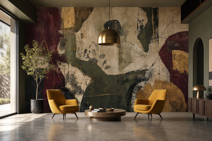 Soyut Boya Efektli Poster Duvar Kağıdı Yeşil Bordo Salon