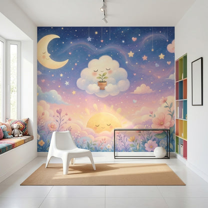 Ay Bulut ve Yıldızlı Poster Duvar Kağıdı Pastel Çocuk Odası