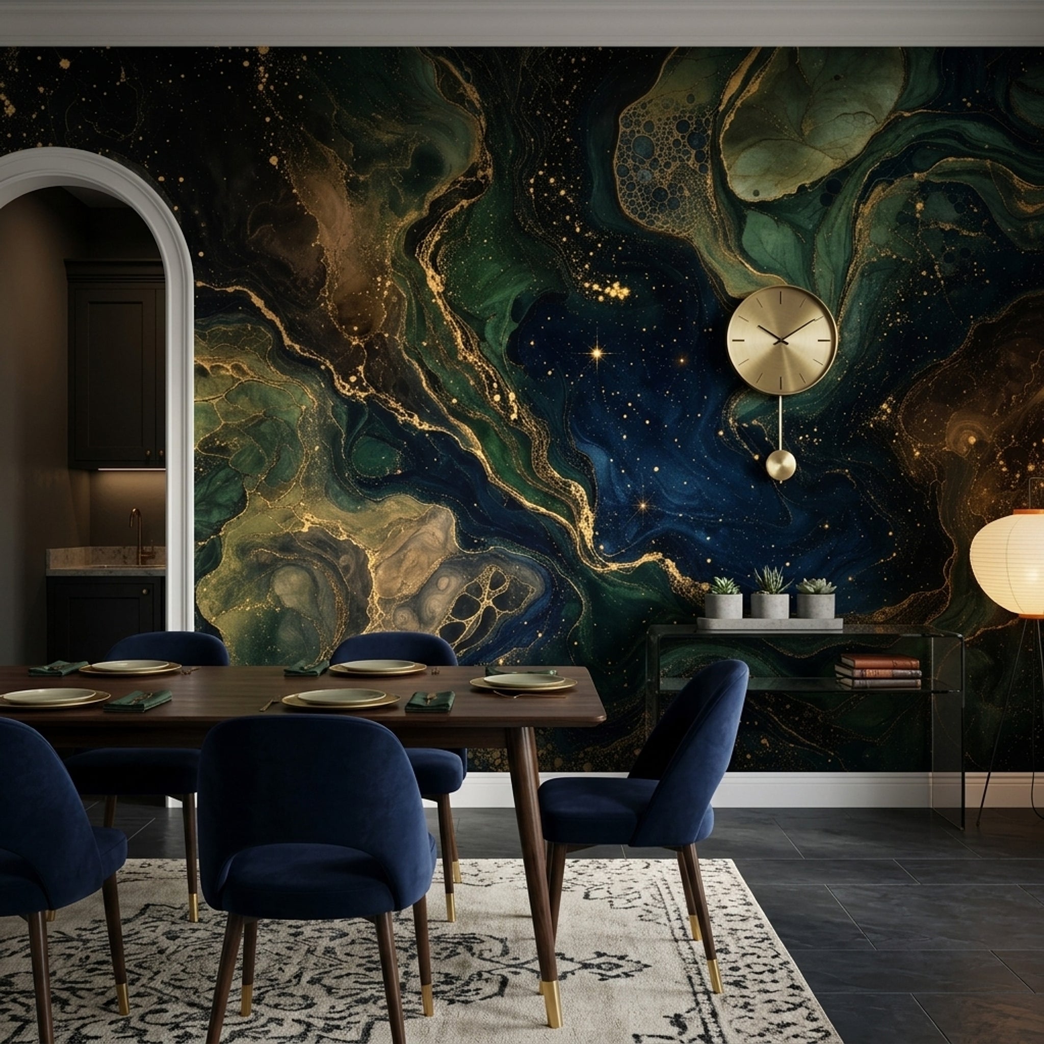 Soyut Mermer Desenli Poster Duvar Kağıdı Lacivert Yeşil Salon