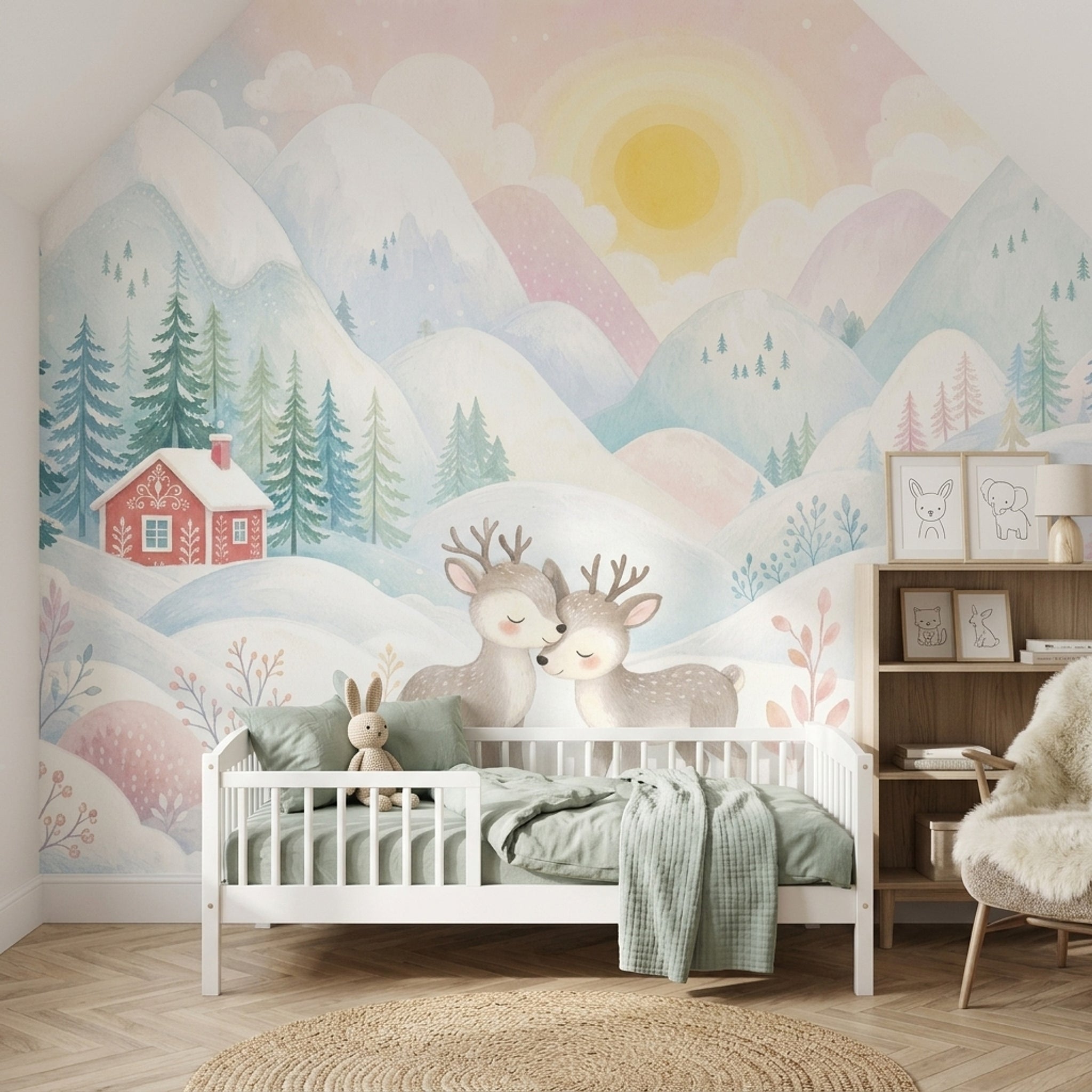 Pastel Geyikli Dağ Manzarası Poster Duvar Kağıdı Çocuk Odası