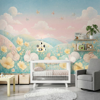 Tavşanlı Çiçekli Poster Duvar Kağıdı Pastel Çocuk Odası