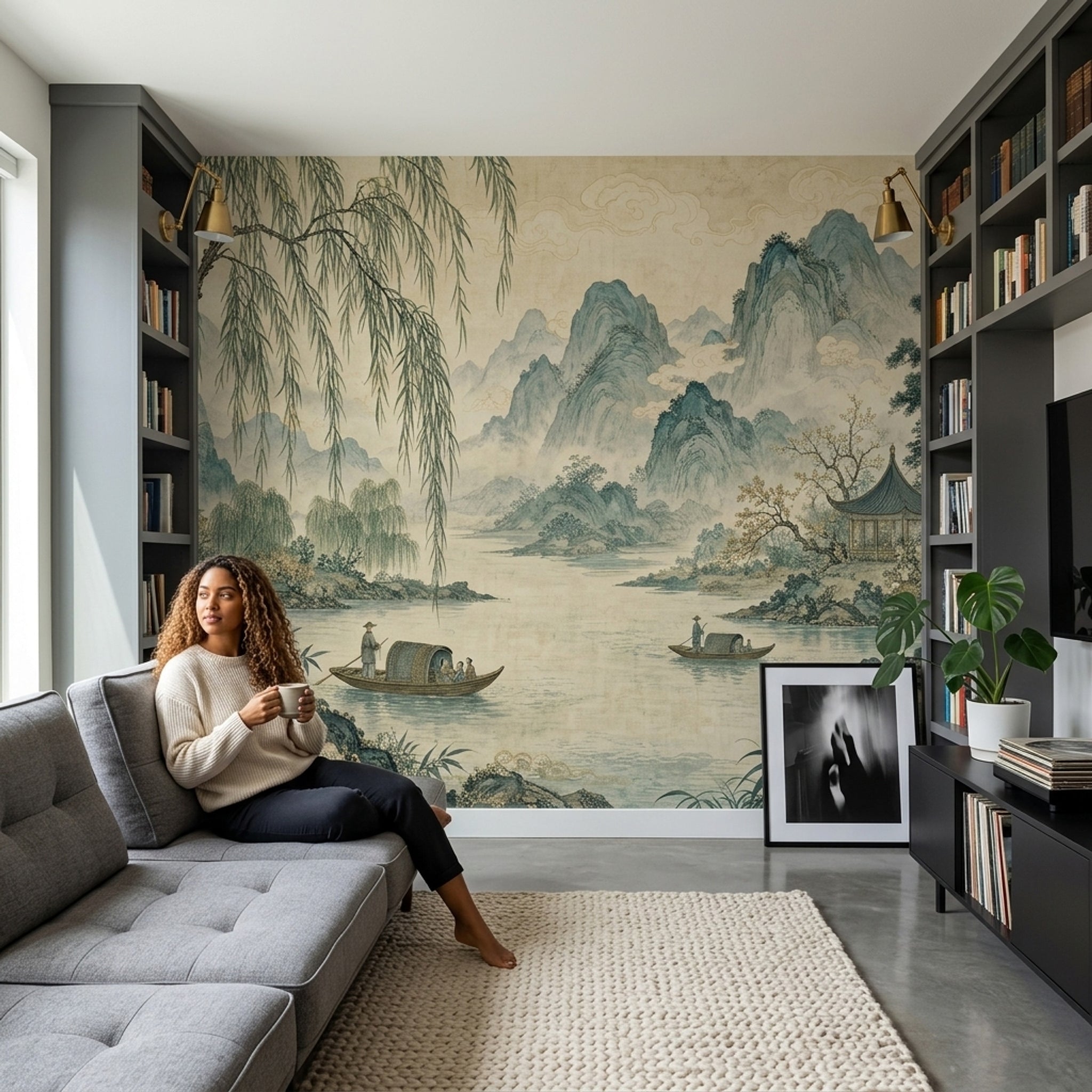 Uzak Doğu Manzaralı Poster Duvar Kağıdı Mavi Yeşil Salon