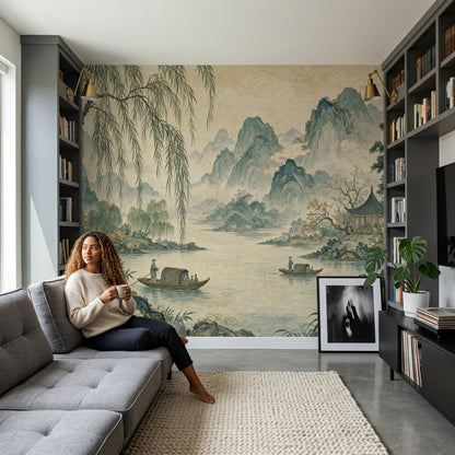 Uzak Doğu Manzaralı Poster Duvar Kağıdı Mavi Yeşil Salon