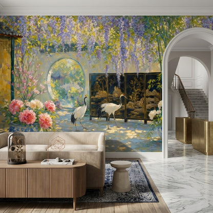 Çiçekli Bahçe Manzaralı Poster Duvar Kağıdı Mor Yeşil Salon