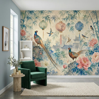 Bambu ve Sülünlü Poster Duvar Kağıdı Mavi Pembe Uzakdoğu