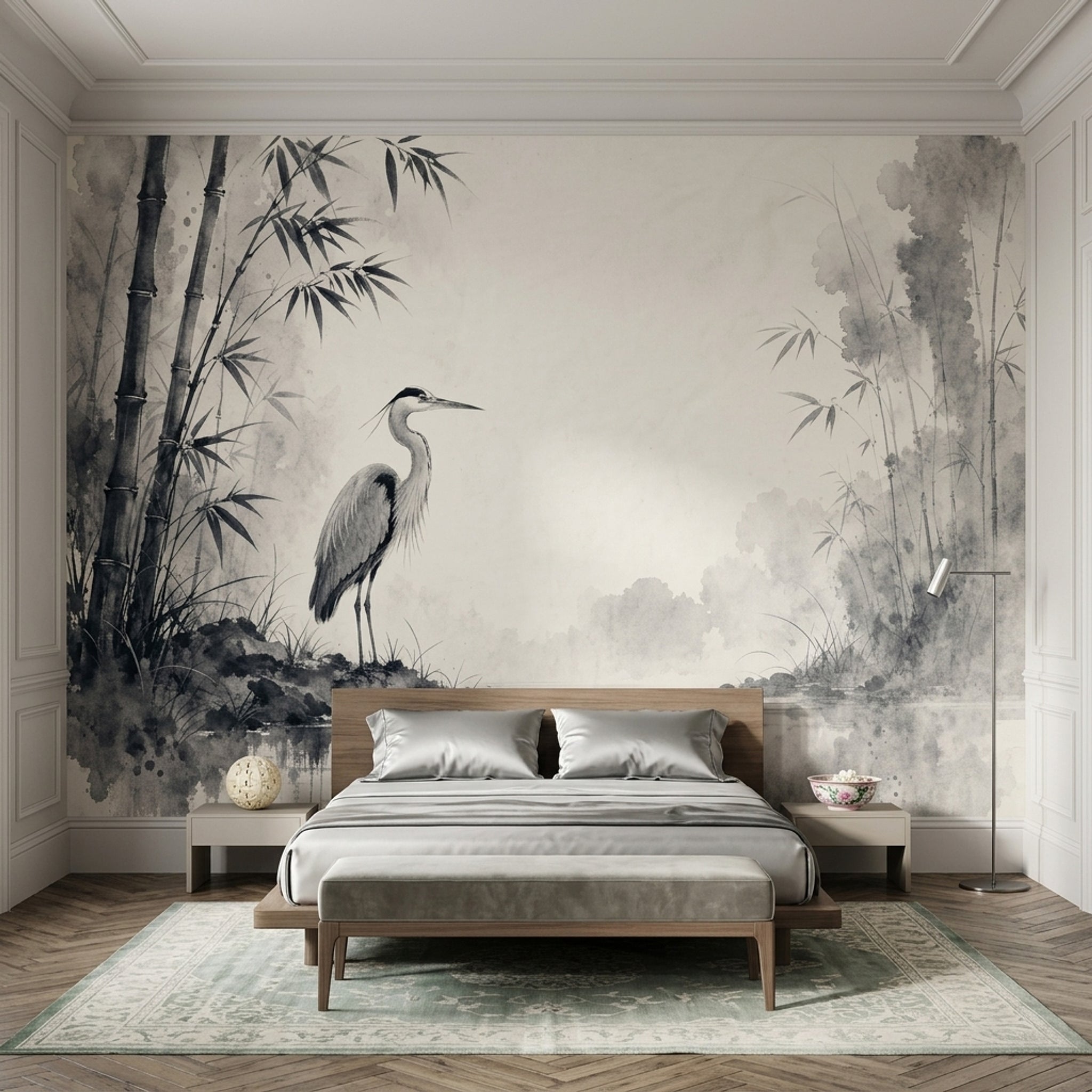Japon Balıkçıl ve Bambu Poster Duvar Kağıdı Gri Ton