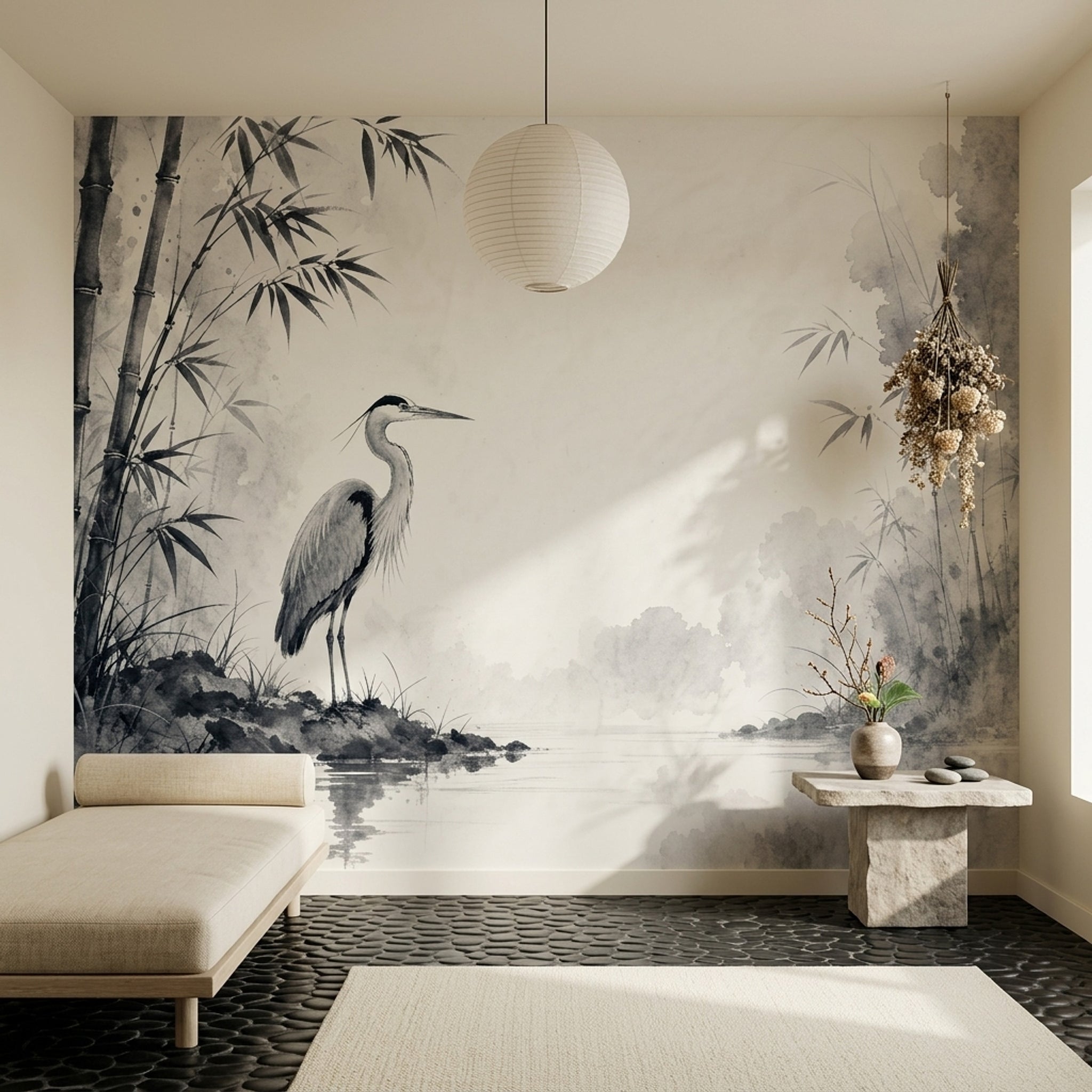 Japon Balıkçıl ve Bambu Poster Duvar Kağıdı Gri Ton