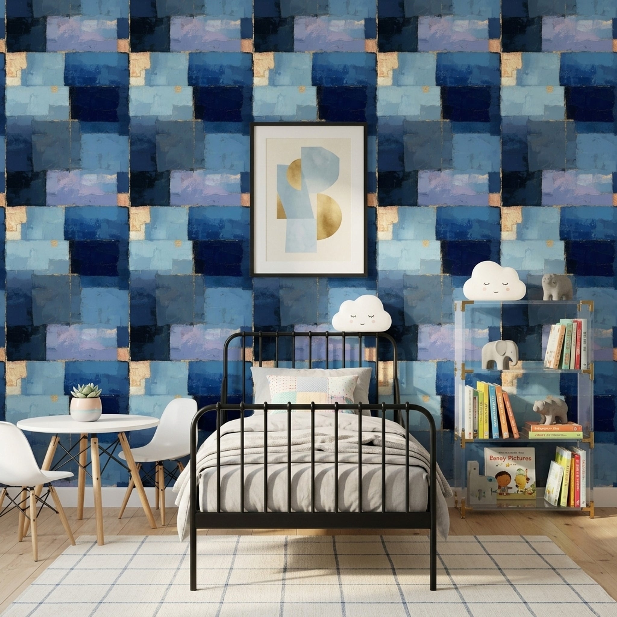 Geometrik Kareli Duvar Kağıdı Lacivert Mavi Modern Salon