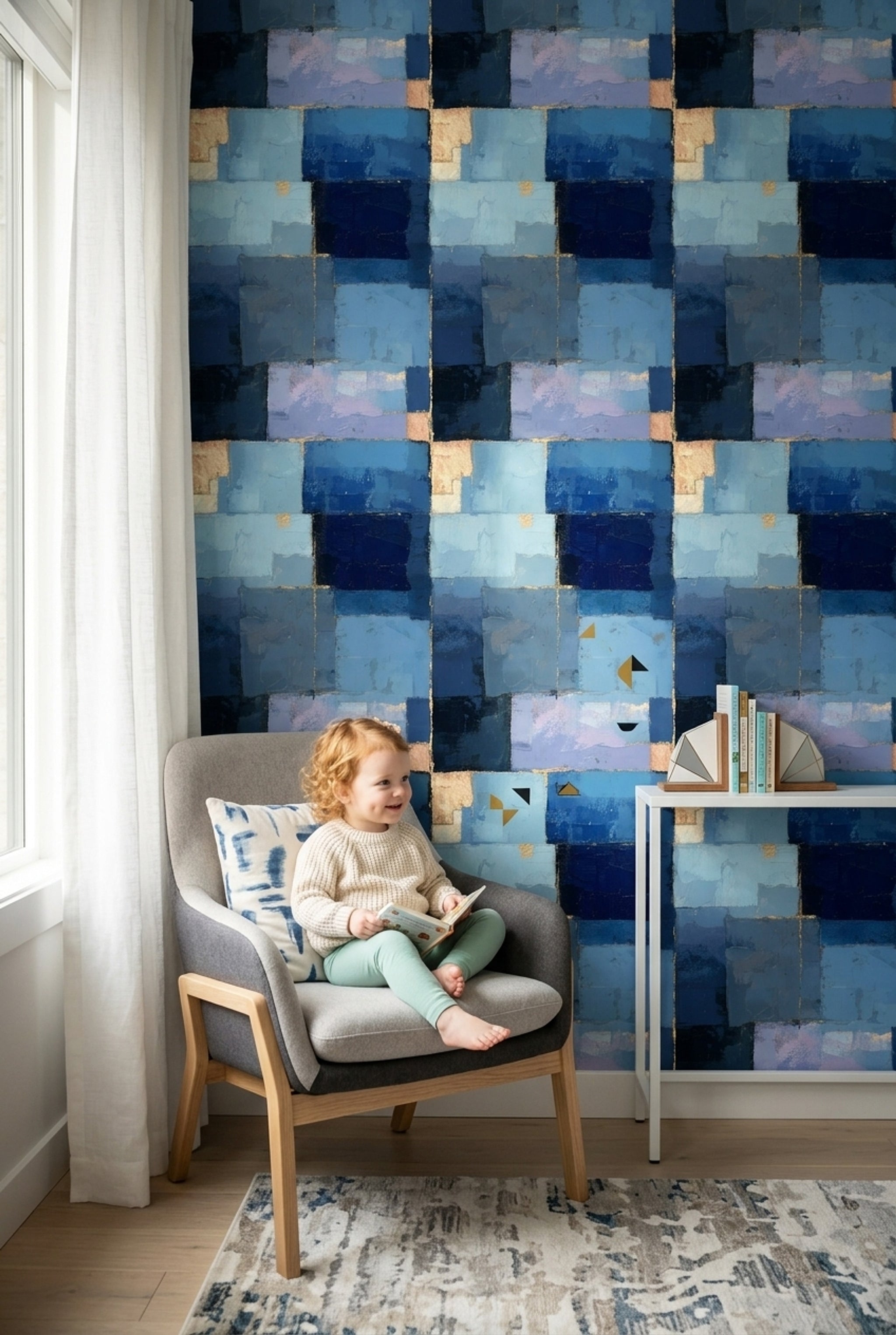 Geometrik Kareli Duvar Kağıdı Lacivert Mavi Modern Salon