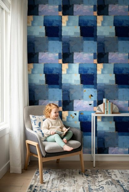 Geometrik Kareli Duvar Kağıdı Lacivert Mavi Modern Salon