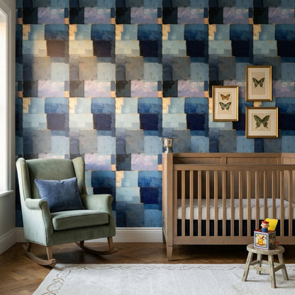 Geometrik Kareli Duvar Kağıdı Lacivert Mavi Modern Salon