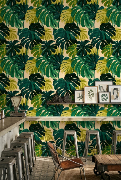 Tropikal Monstera Yapraklı Duvar Kağıdı Yeşil Salon Deseni
