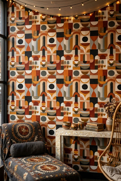 Retro Geometrik Duvar Kağıdı Turuncu Bej Desenli Salon