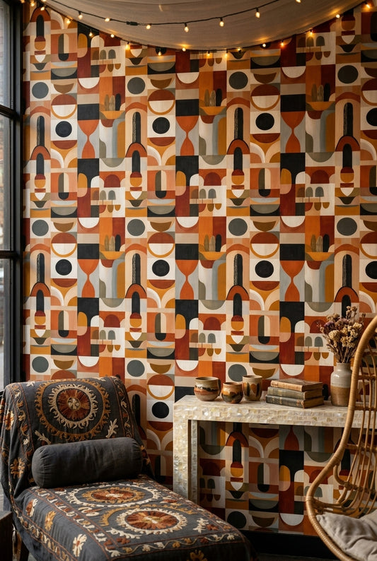 Retro Geometrik Duvar Kağıdı Turuncu Bej Desenli Salon