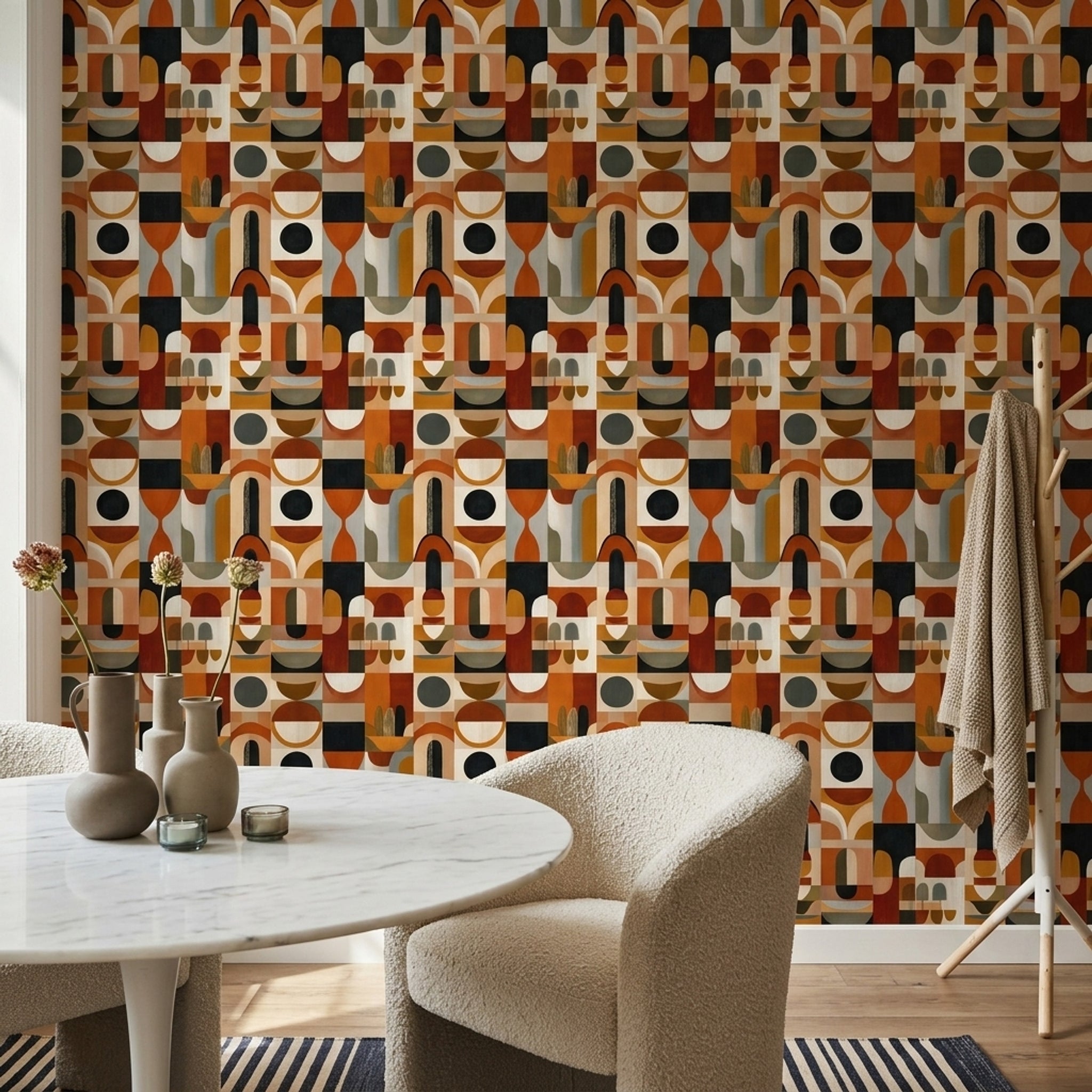 Retro Geometrik Duvar Kağıdı Turuncu Bej Desenli Salon
