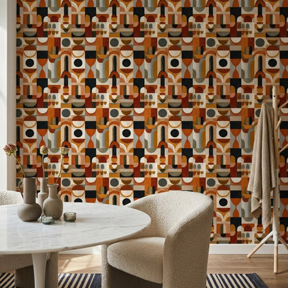 Retro Geometrik Duvar Kağıdı Turuncu Bej Desenli Salon