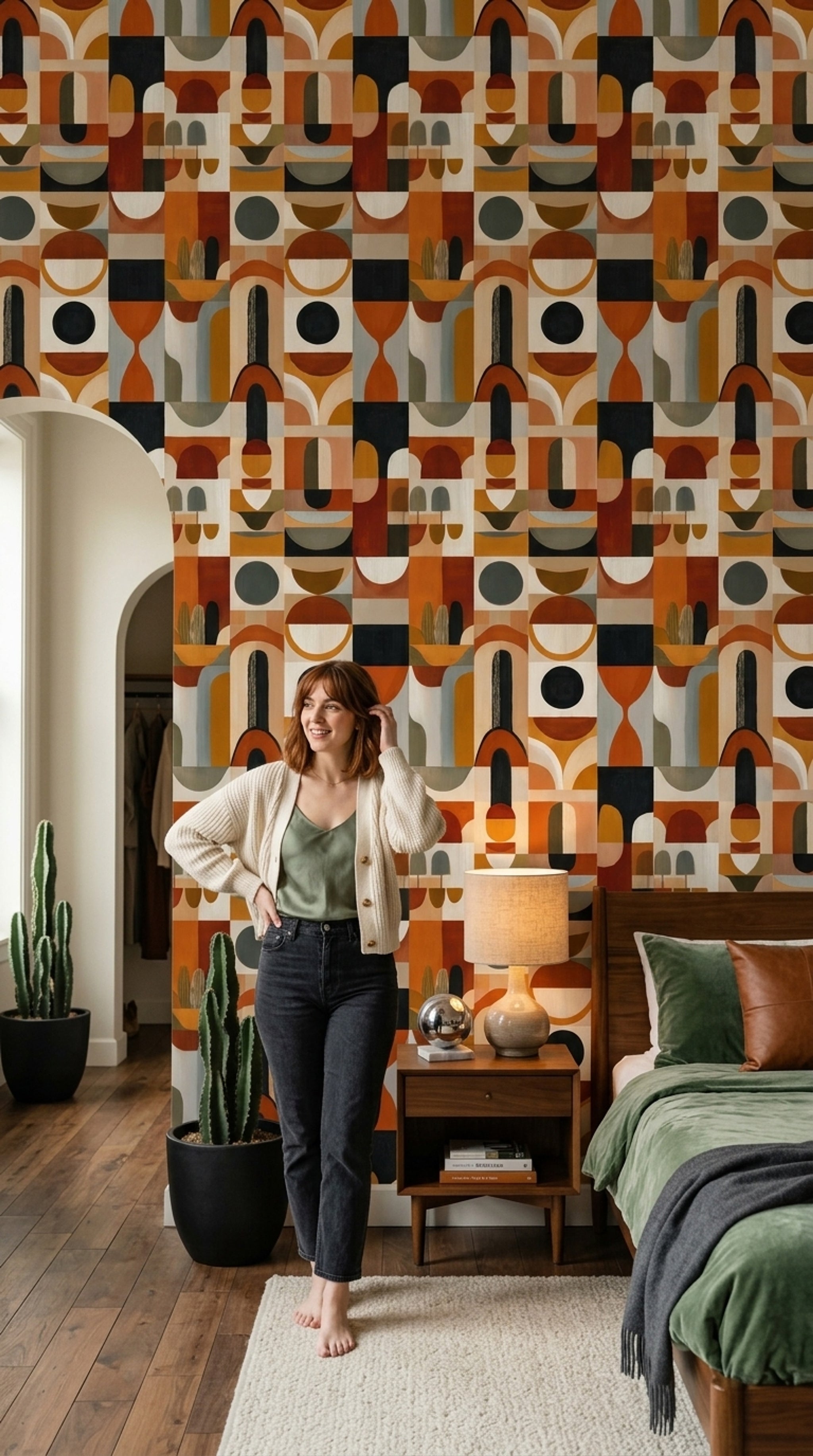 Retro Geometrik Duvar Kağıdı Turuncu Bej Desenli Salon