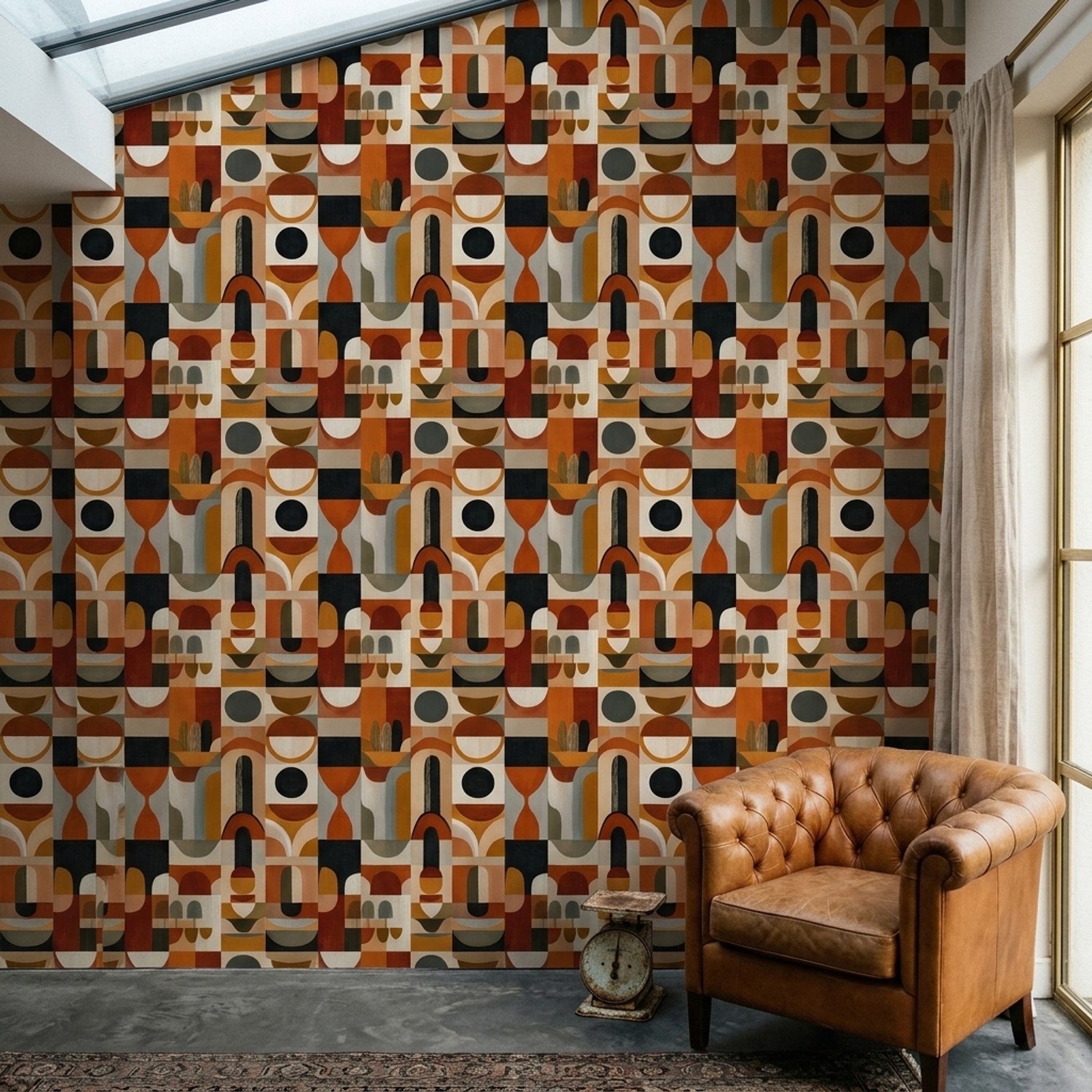 Retro Geometrik Duvar Kağıdı Turuncu Bej Desenli Salon