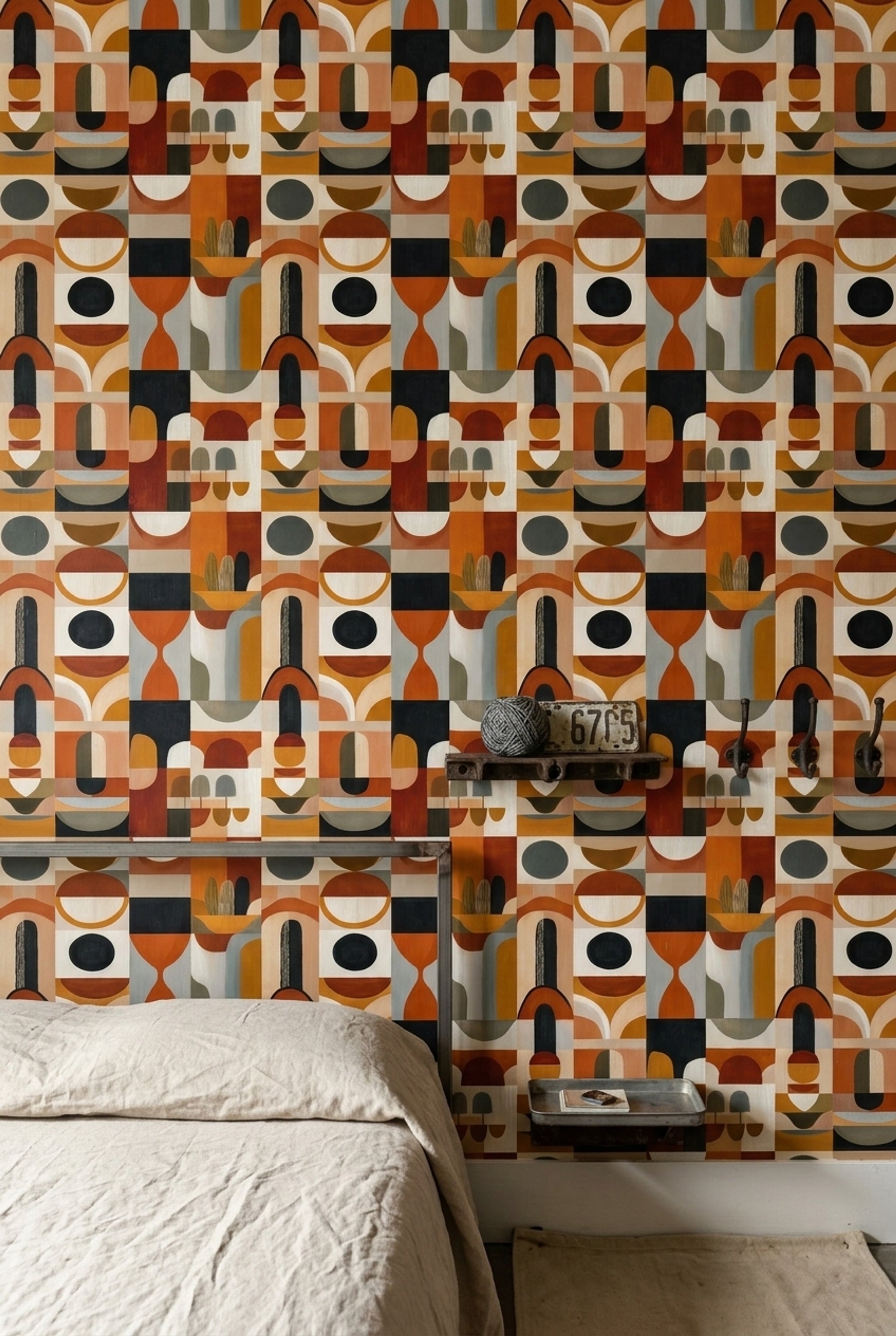 Retro Geometrik Duvar Kağıdı Turuncu Bej Desenli Salon