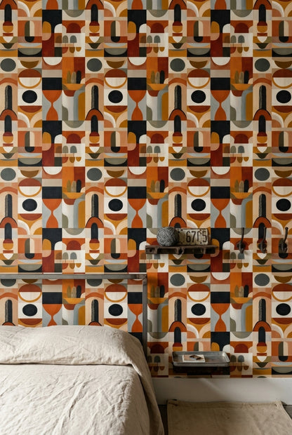 Retro Geometrik Duvar Kağıdı Turuncu Bej Desenli Salon