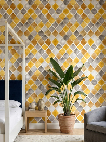 Sarı Gri Geometrik Duvar Kağıdı Modern Salon Deseni
