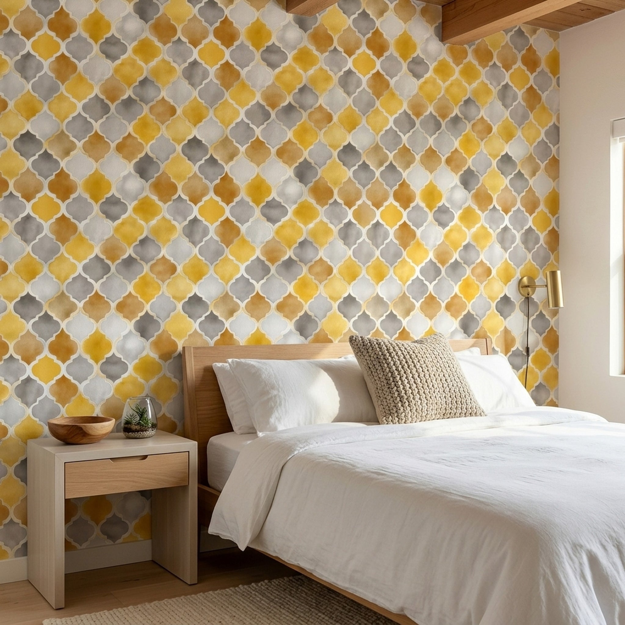 Sarı Gri Geometrik Duvar Kağıdı Modern Salon Deseni