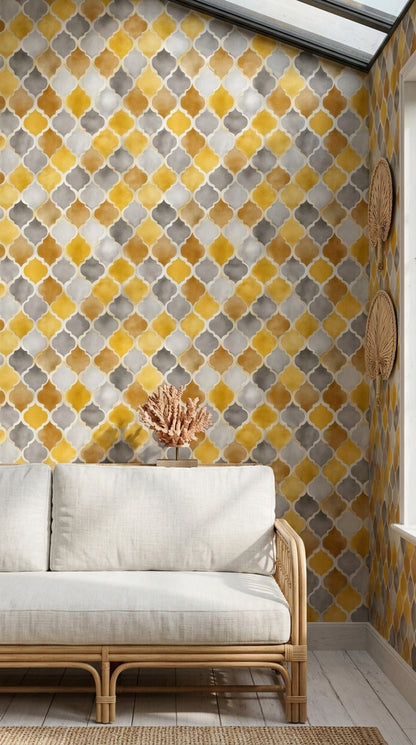 Sarı Gri Geometrik Duvar Kağıdı Modern Salon Deseni