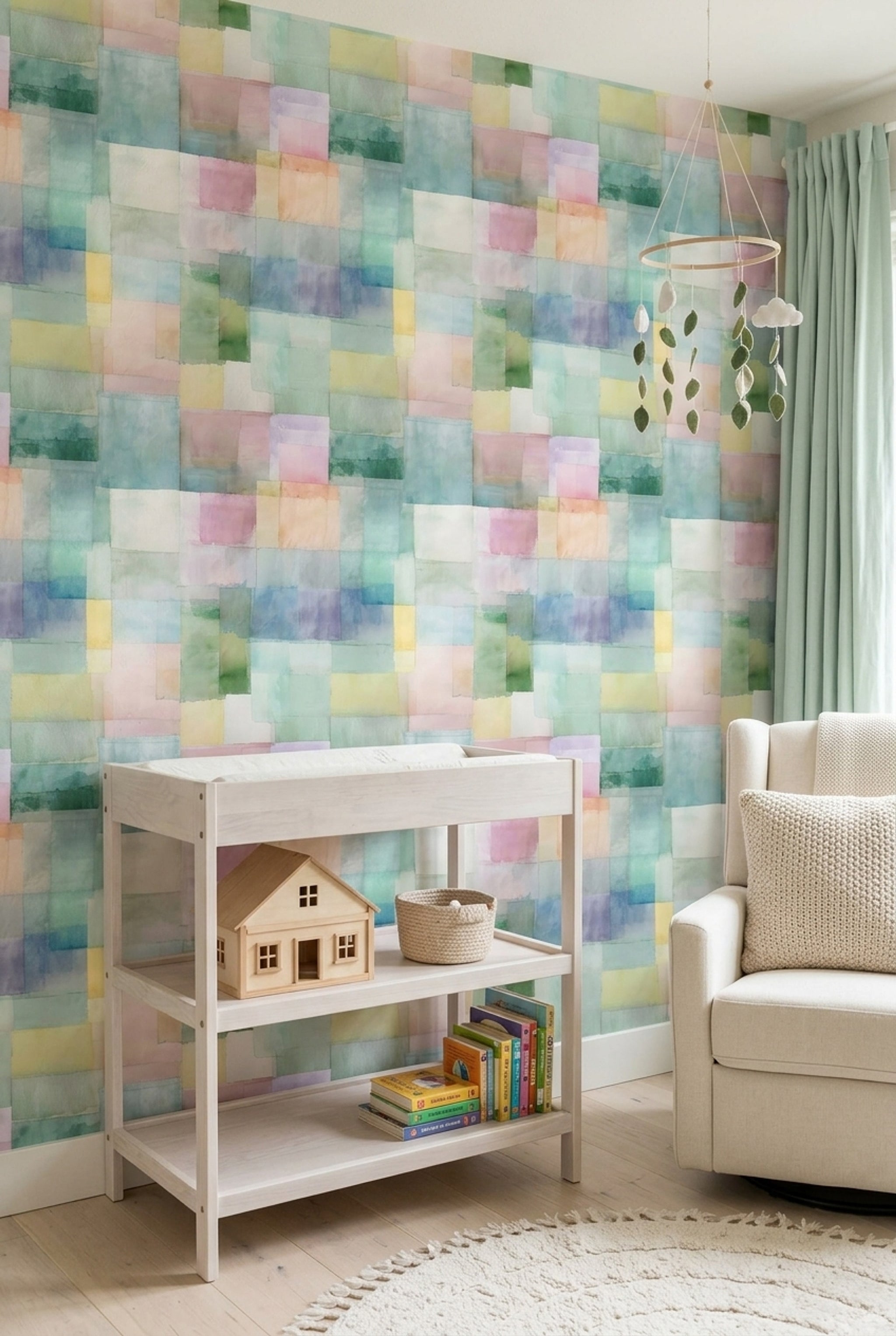 Pastel Suluboya Geometrik Duvar Kağıdı Renkli Modern Çocuk Odası