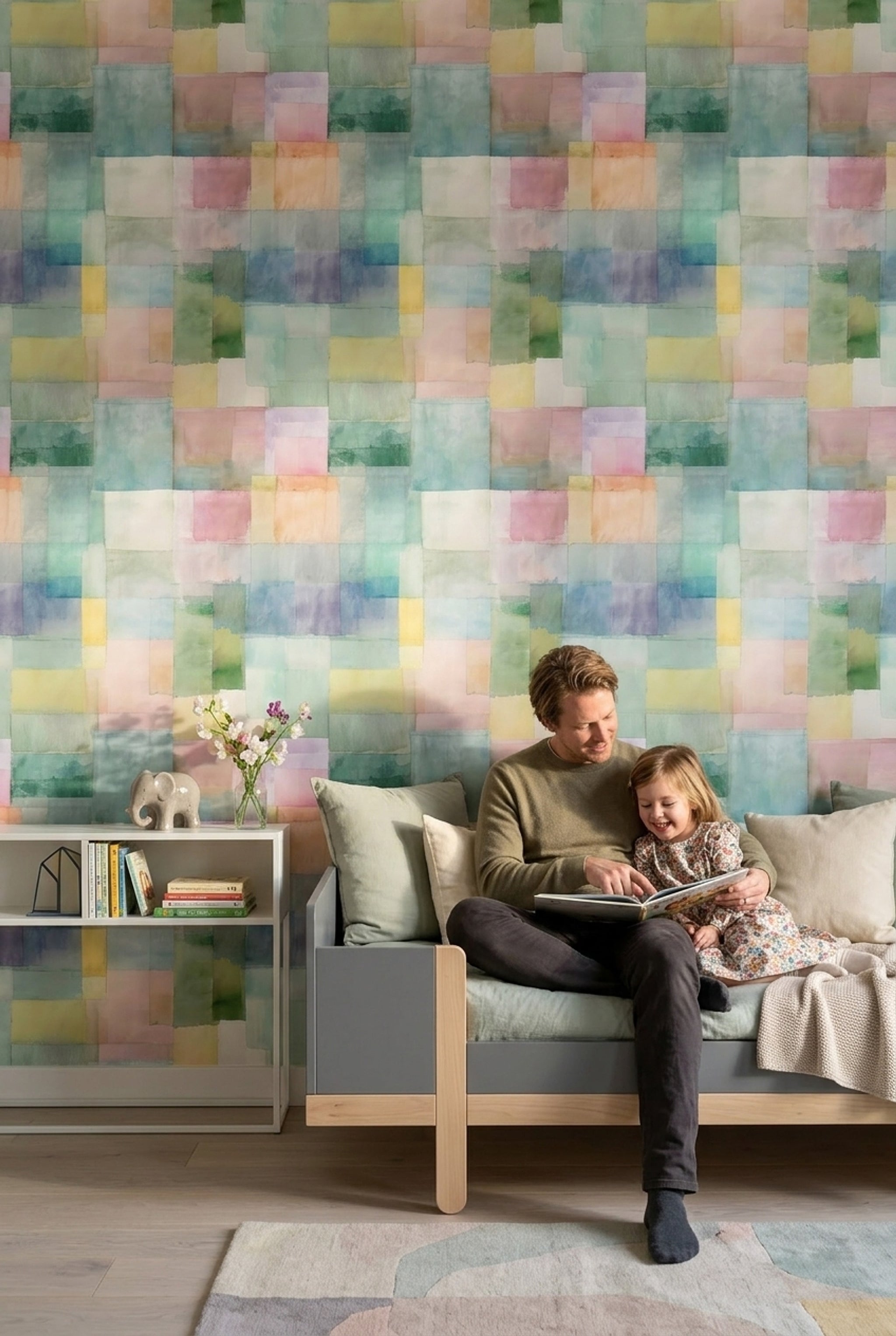 Pastel Suluboya Geometrik Duvar Kağıdı Renkli Modern Çocuk Odası