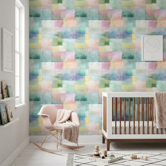 Pastel Suluboya Geometrik Duvar Kağıdı Renkli Modern Çocuk Odası