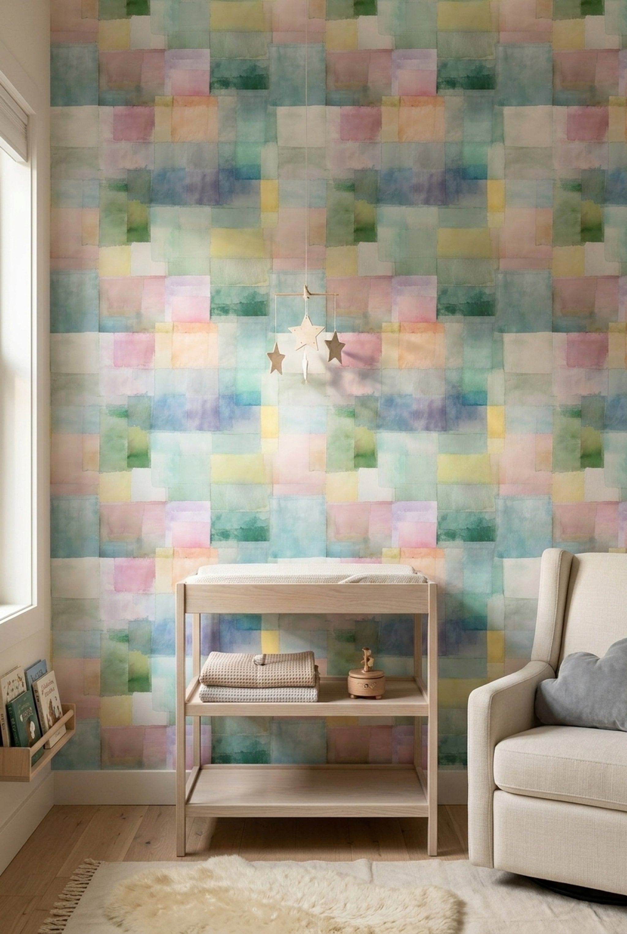 Pastel Suluboya Geometrik Duvar Kağıdı Renkli Modern Çocuk Odası
