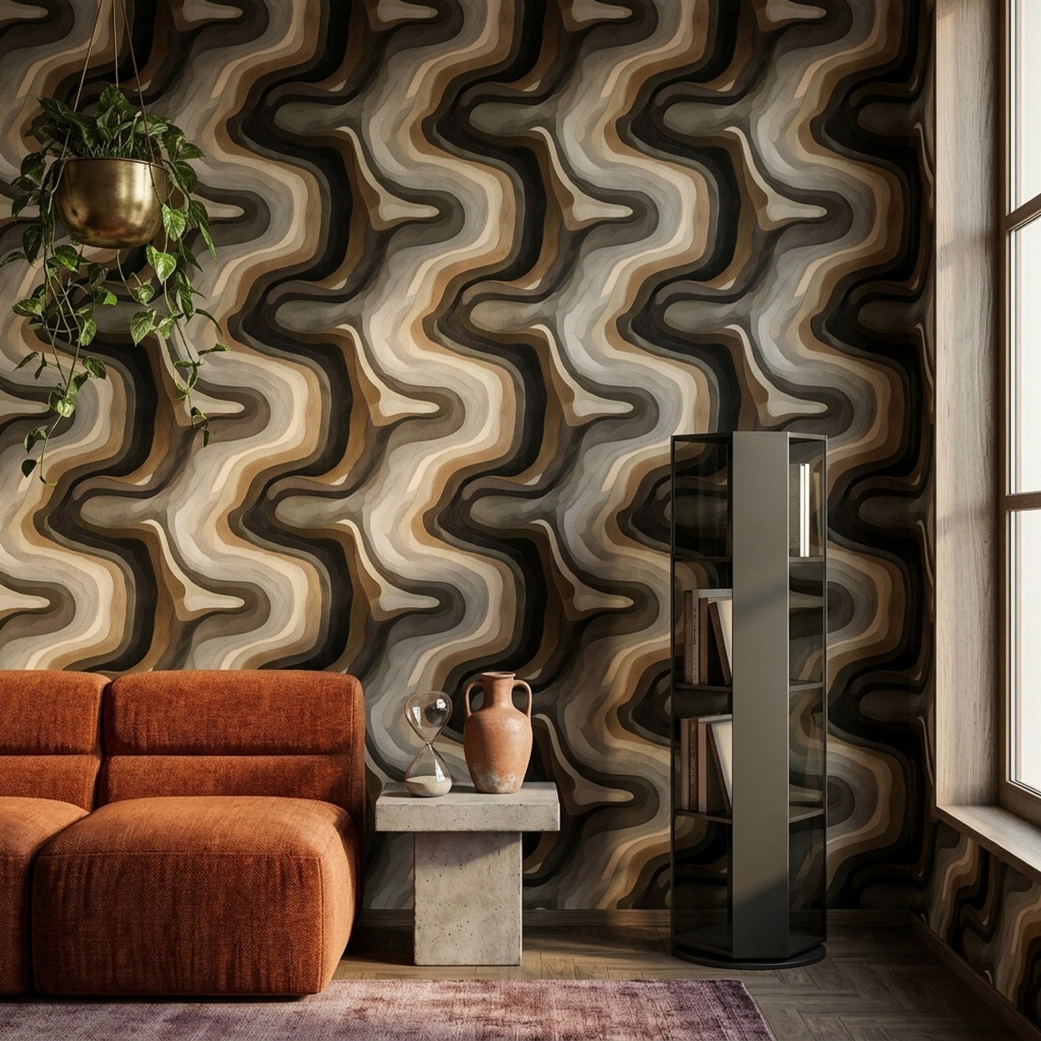 Retro Dalgalı Duvar Kağıdı Kahverengi Bej Soyut Desenli Salon
