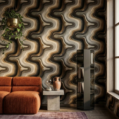 Retro Dalgalı Duvar Kağıdı Kahverengi Bej Soyut Desenli Salon