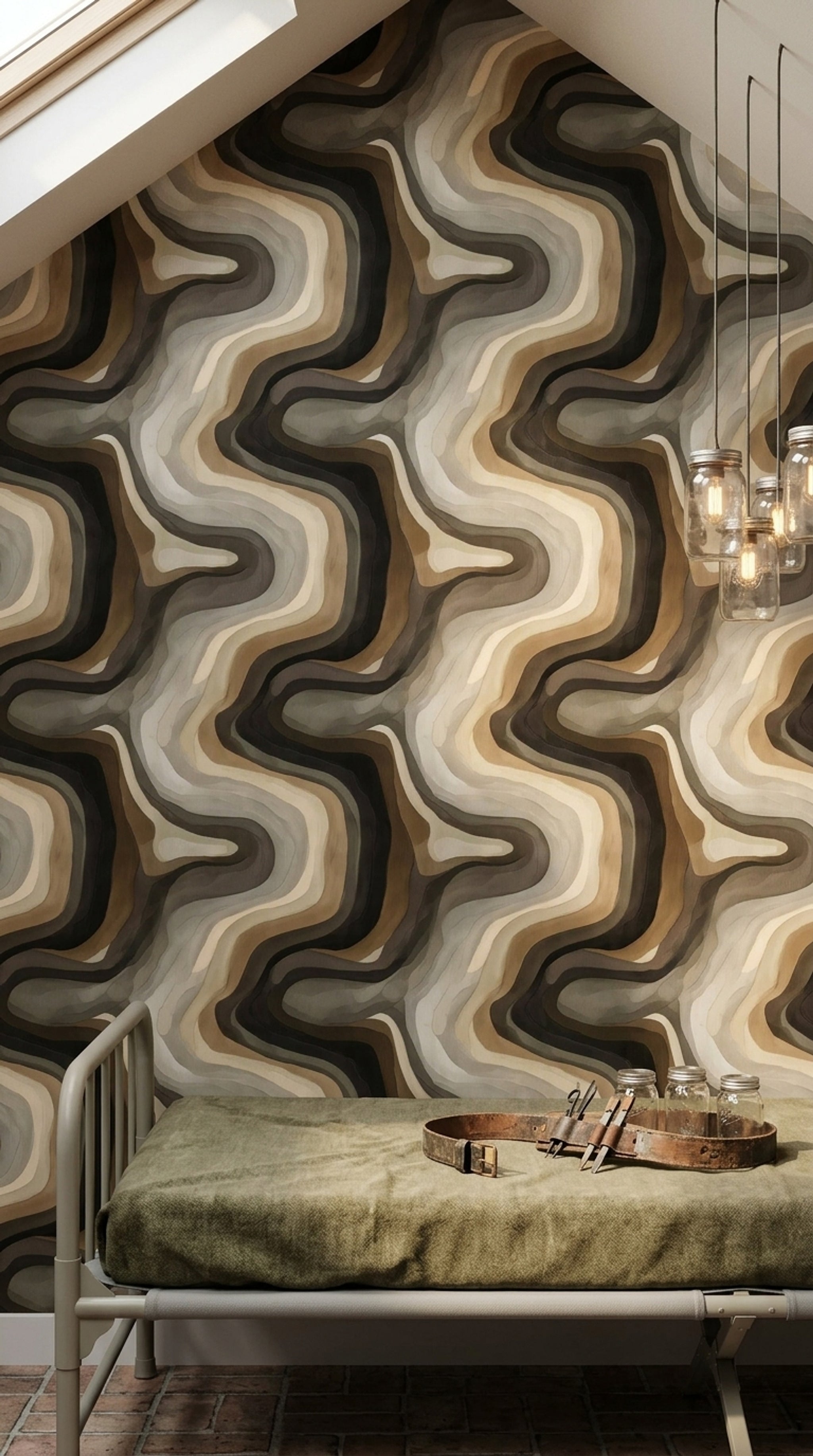 Retro Dalgalı Duvar Kağıdı Kahverengi Bej Soyut Desenli Salon