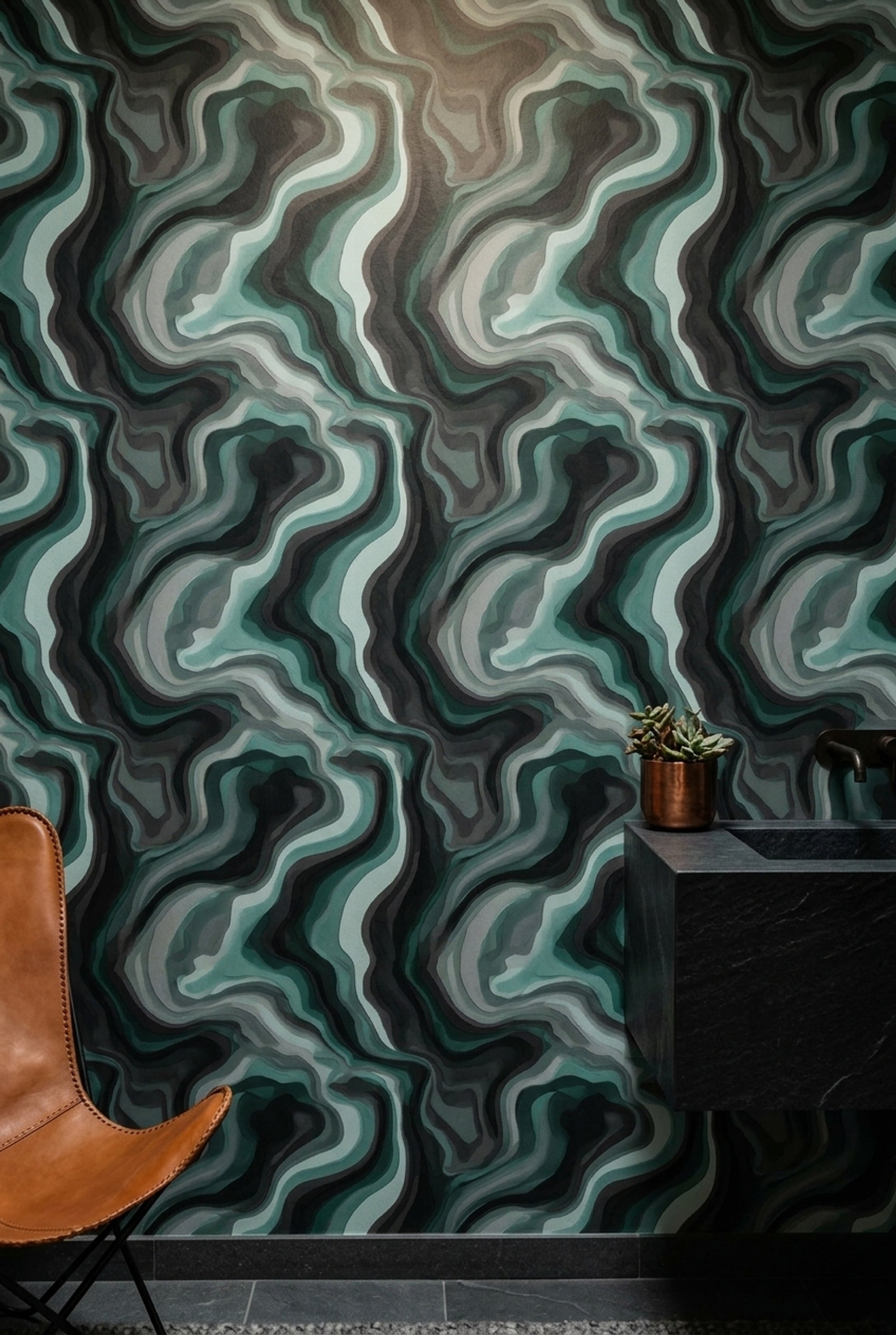 Soyut Dalgalı Duvar Kağıdı Yeşil Gri Modern Salon