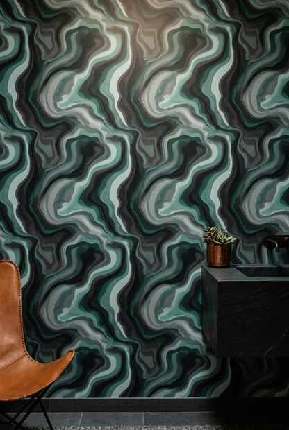 Soyut Dalgalı Duvar Kağıdı Yeşil Gri Modern Salon