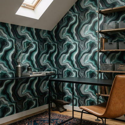 Soyut Dalgalı Duvar Kağıdı Yeşil Gri Modern Salon