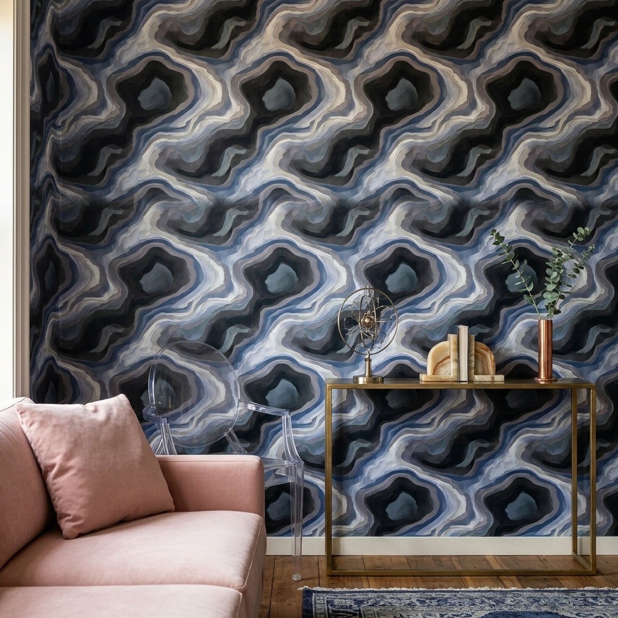 Katmanlı Soyut Desenli Duvar Kağıdı Gri Siyah Salon
