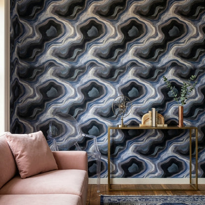 Katmanlı Soyut Desenli Duvar Kağıdı Gri Siyah Salon