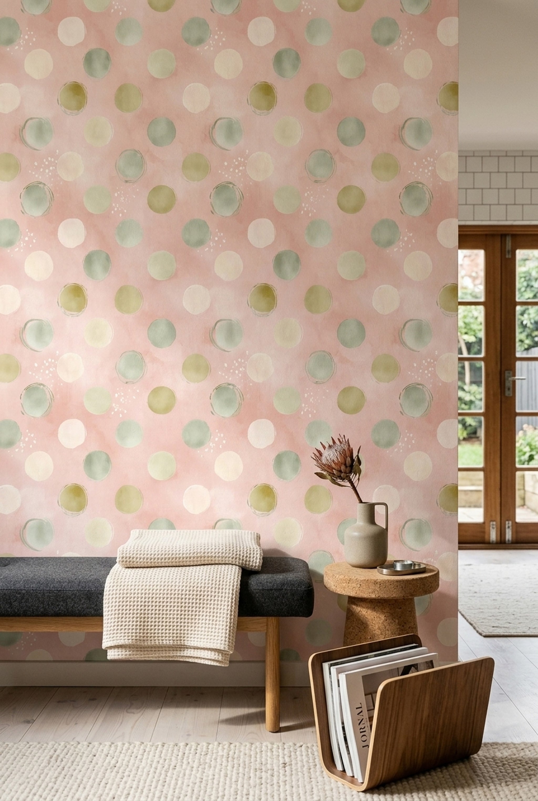 Pastel Puantiyeli Duvar Kağıdı Pembe Yeşil Modern Salon