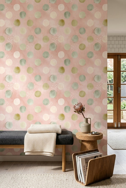 Pastel Puantiyeli Duvar Kağıdı Pembe Yeşil Modern Salon