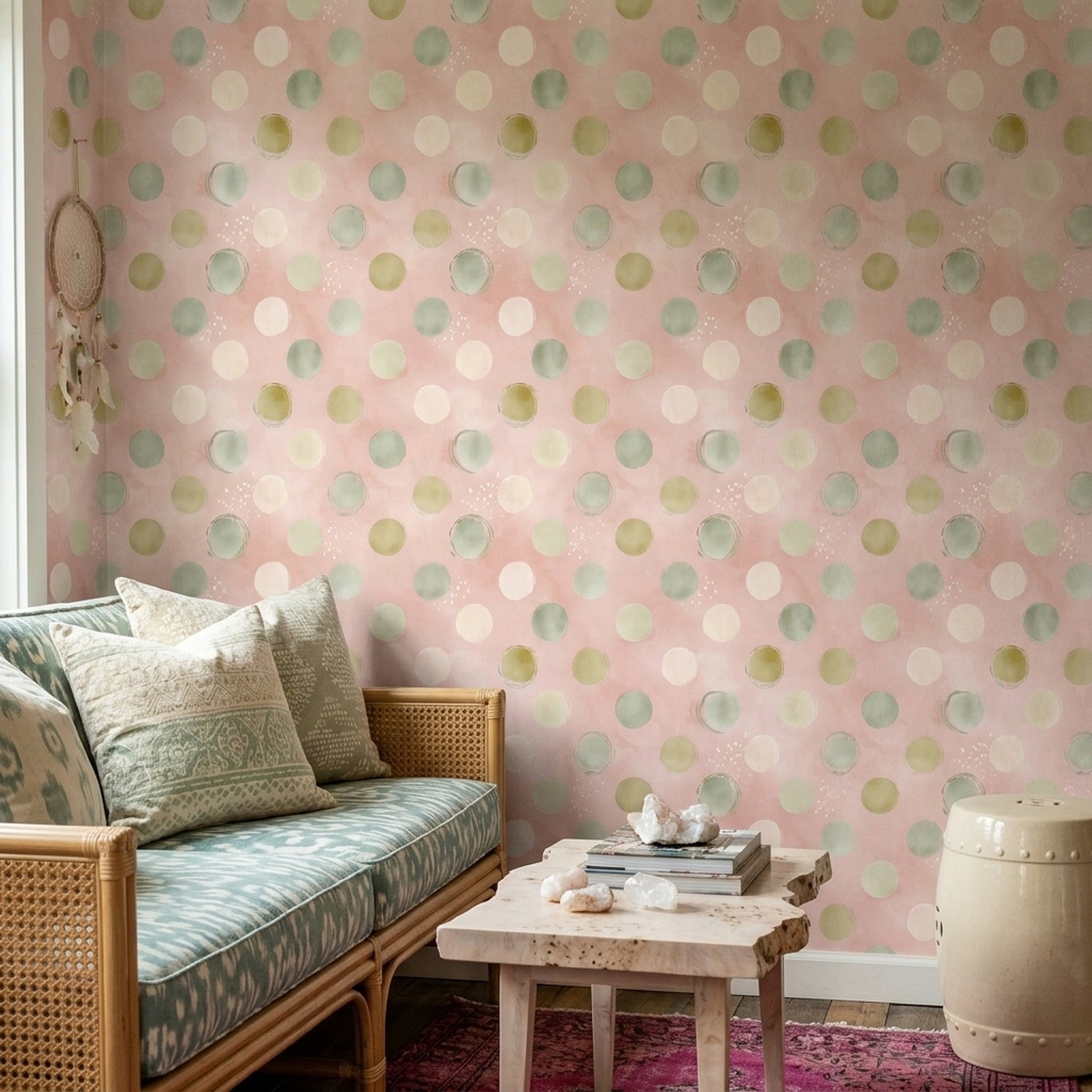 Pastel Puantiyeli Duvar Kağıdı Pembe Yeşil Modern Salon