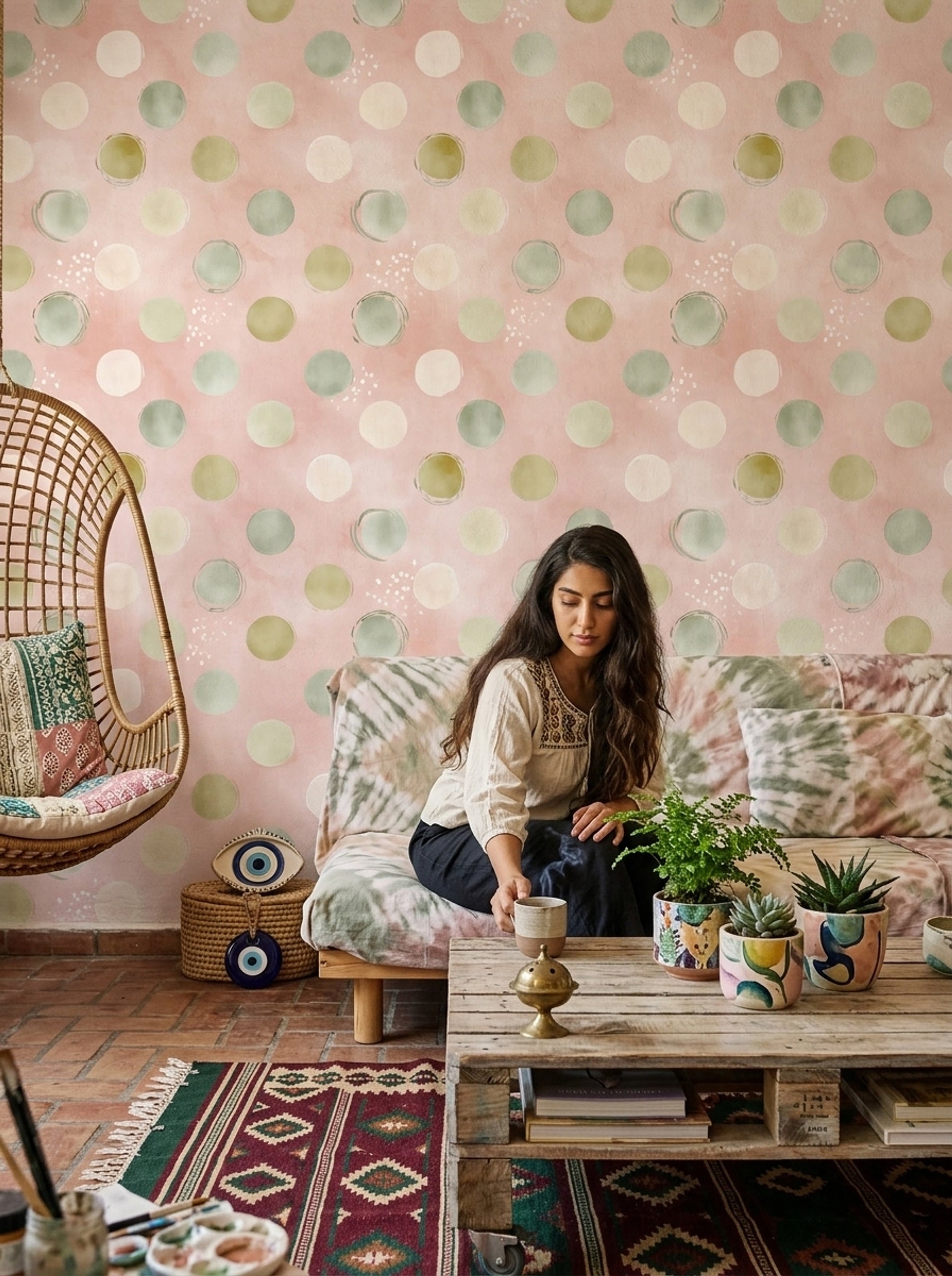 Pastel Puantiyeli Duvar Kağıdı Pembe Yeşil Modern Salon