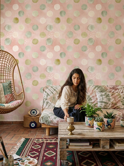 Pastel Puantiyeli Duvar Kağıdı Pembe Yeşil Modern Salon
