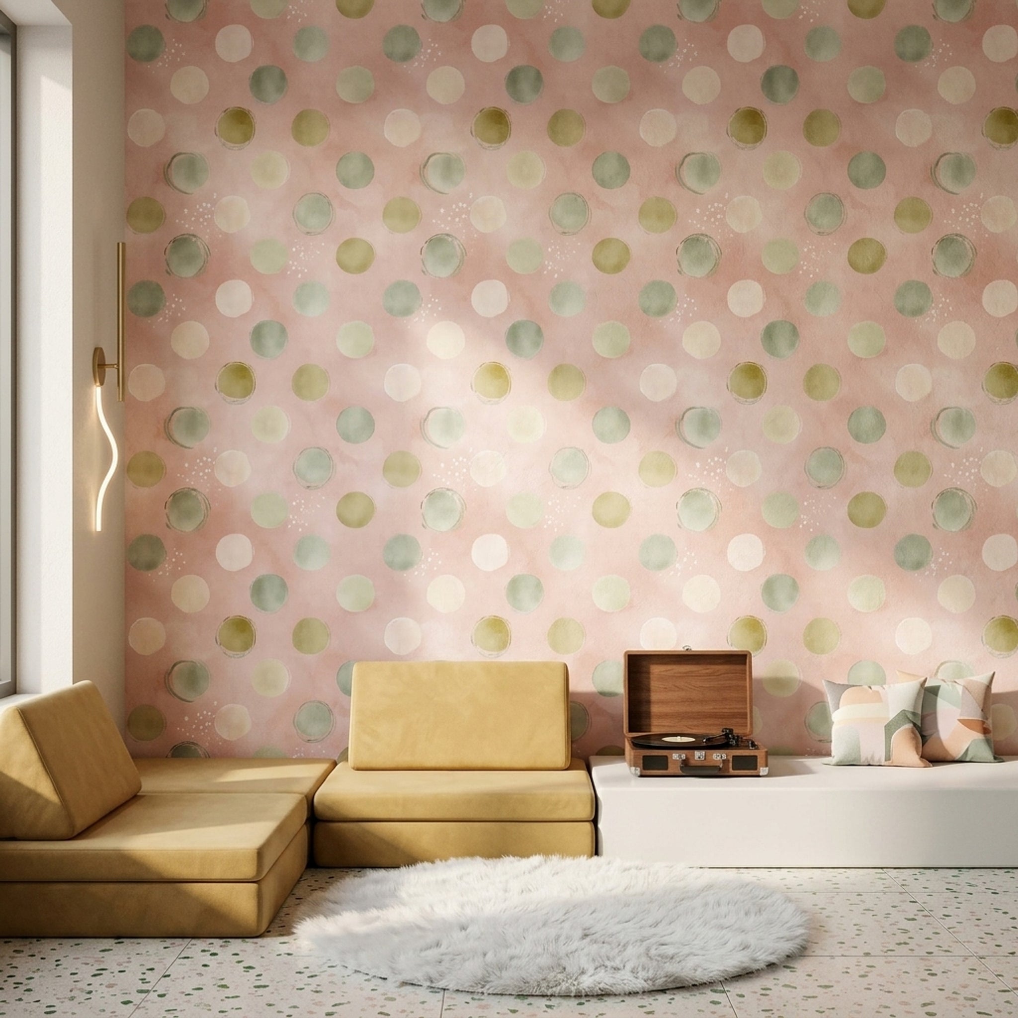 Pastel Puantiyeli Duvar Kağıdı Pembe Yeşil Modern Salon