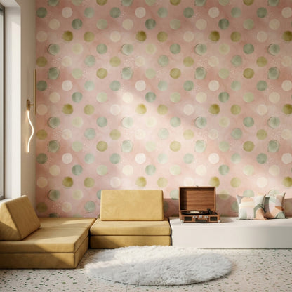 Pastel Puantiyeli Duvar Kağıdı Pembe Yeşil Modern Salon