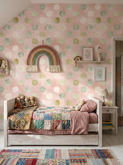 Pastel Puantiyeli Duvar Kağıdı Pembe Yeşil Modern Salon