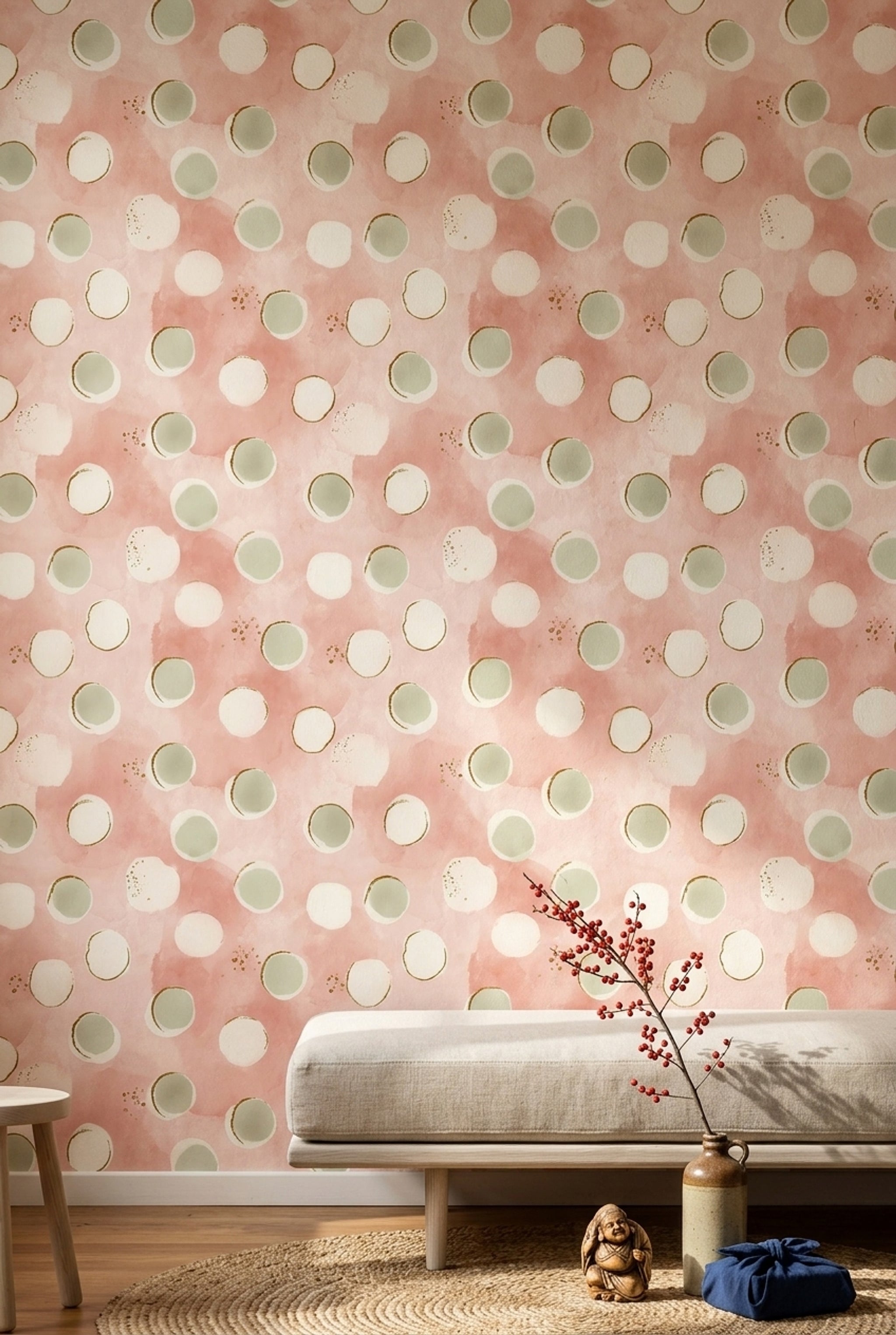 Puantiyeli Duvar Kağıdı Pudra Pembe Pastel Modern Desenli