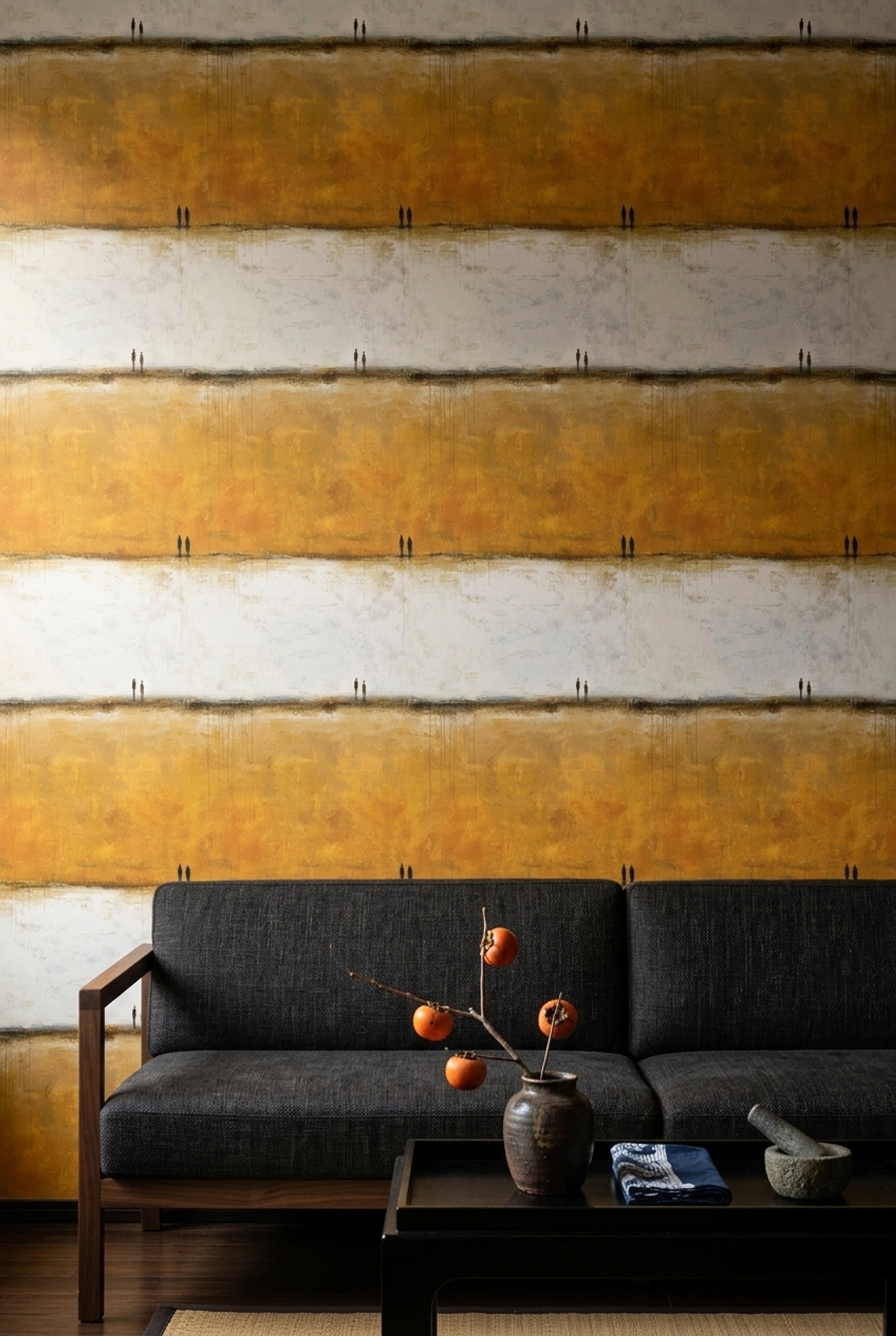 Soyut Şerit Desenli Duvar Kağıdı Sarı Gri Modern Salon