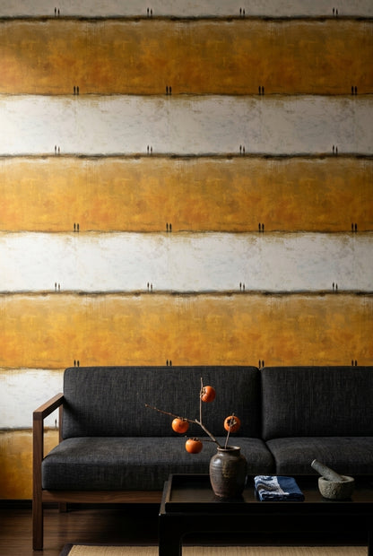 Soyut Şerit Desenli Duvar Kağıdı Sarı Gri Modern Salon